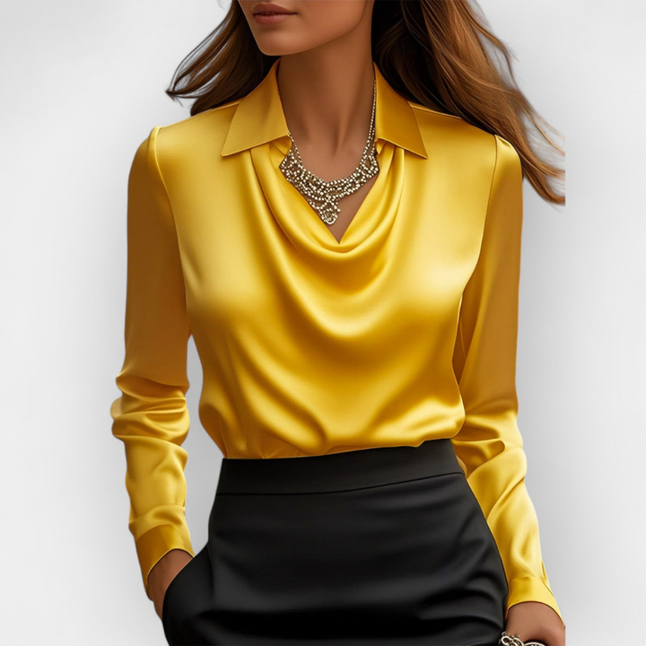 Elegant Satin Bluse med Vannfall-krage