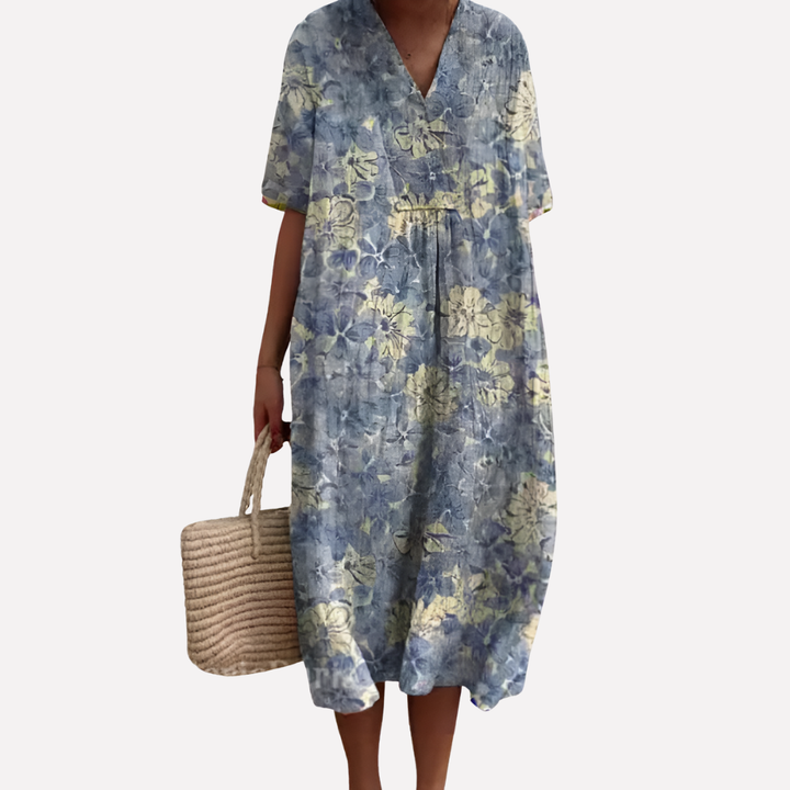 Kvinners Blomstrete Sommerkjole – V-hals &amp; Korte Ermer