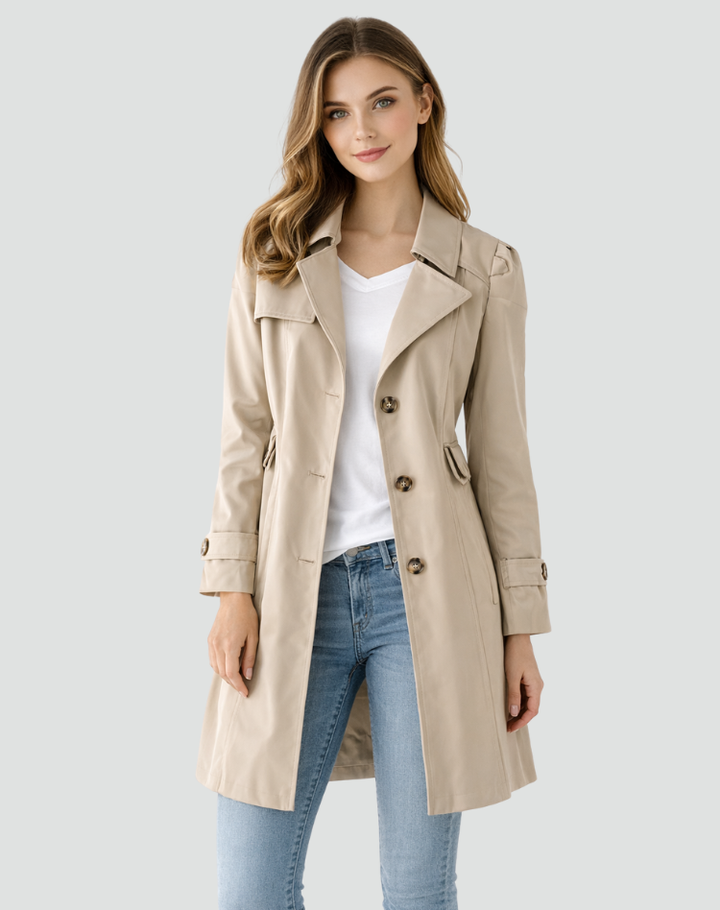 Tilpasset trenchcoat til dame med klassisk jakkeslag, halvlang