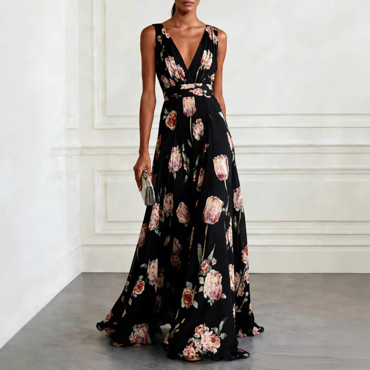Bluesy Tulip-Print Gown Elegant Flowing Sleeveless V-Neck Chiffon Maxi Dress For Parties And Formal Events