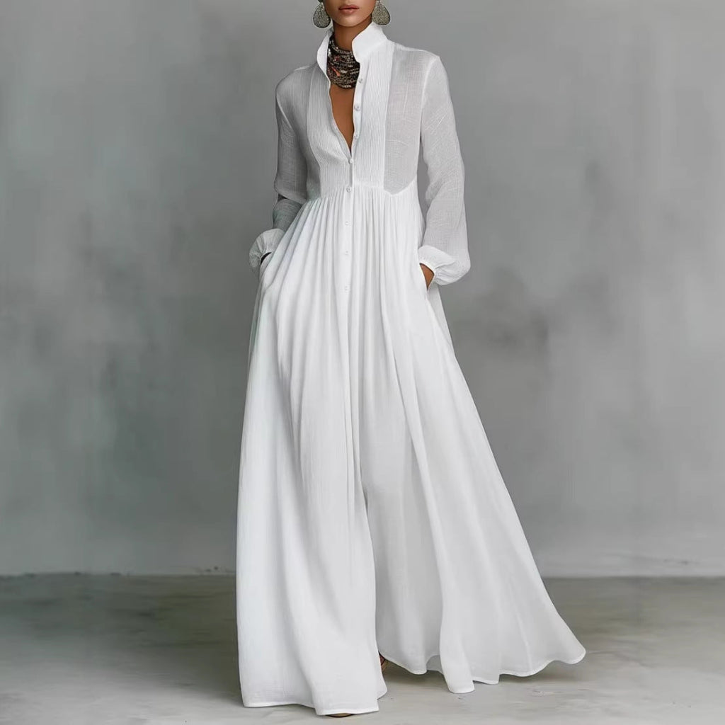 French-style Long-sleeve Pleated Dress For Women