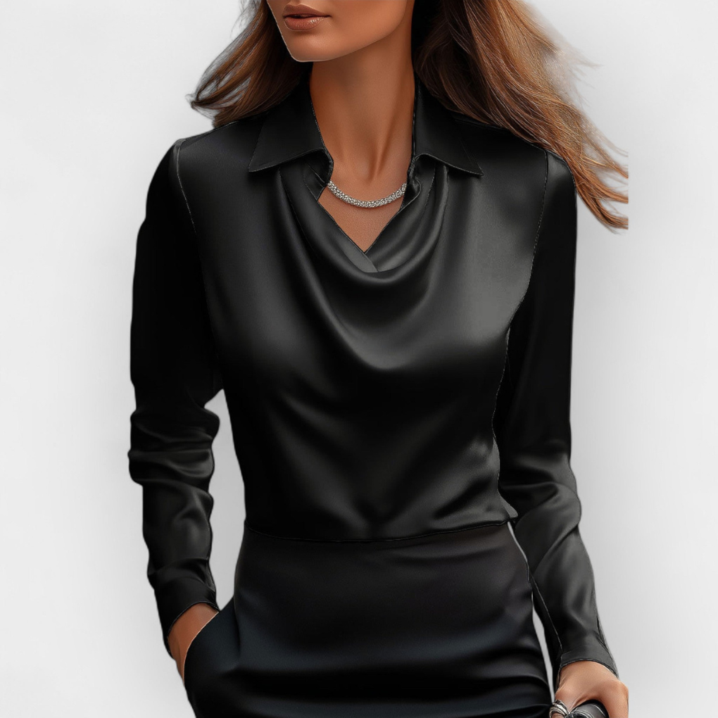 Elegant Satin Bluse med Vannfall-krage