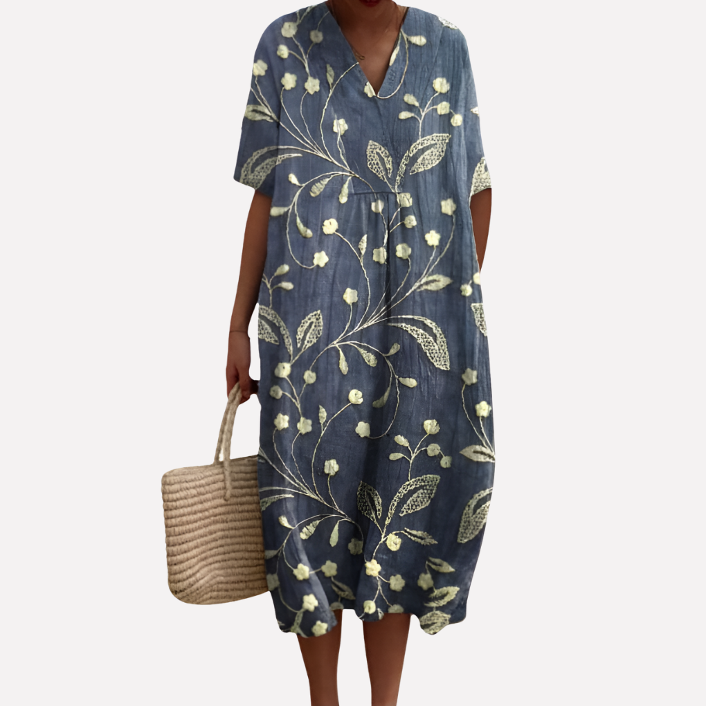 Kvinners Blomstrete Sommerkjole – V-hals &amp; Korte Ermer
