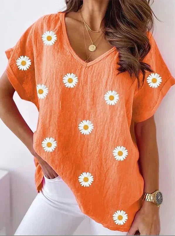 Casual V-Hals T-Skjorte med 3D Blomstertrykk