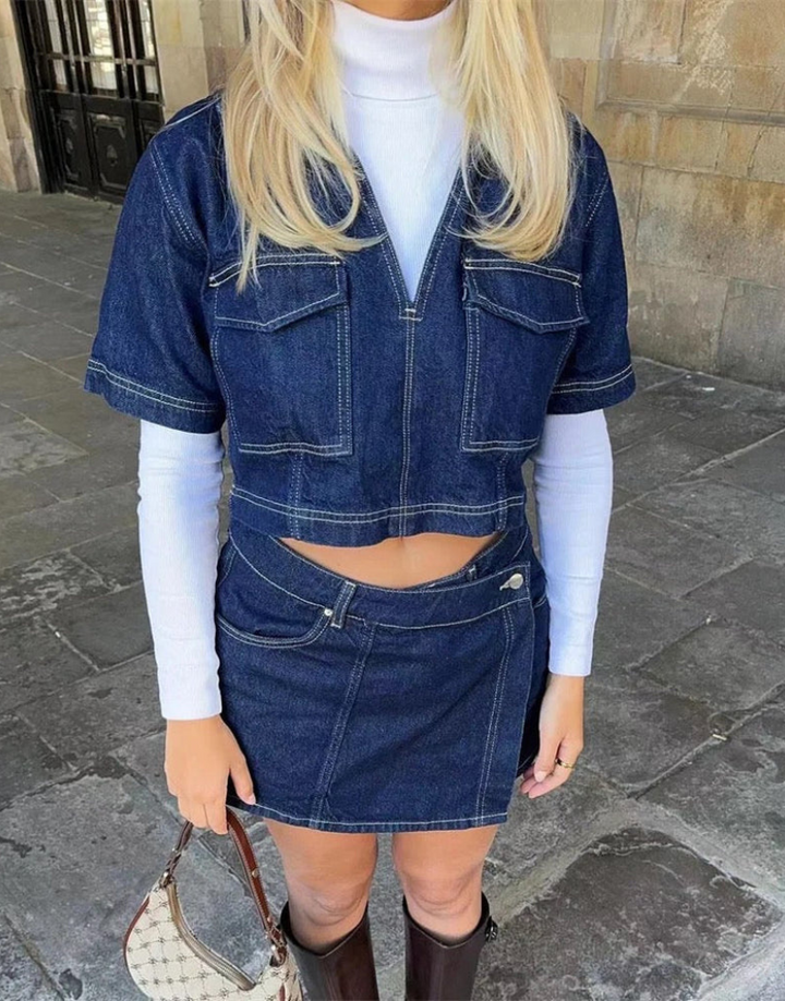 To-Delt Denim Set med Top og Skjørt