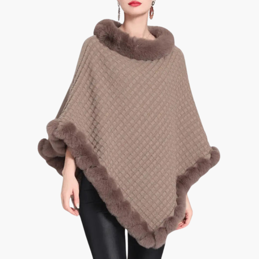 Kvinners Strikket Poncho med Faux Fur Kant og Oversized Passform
