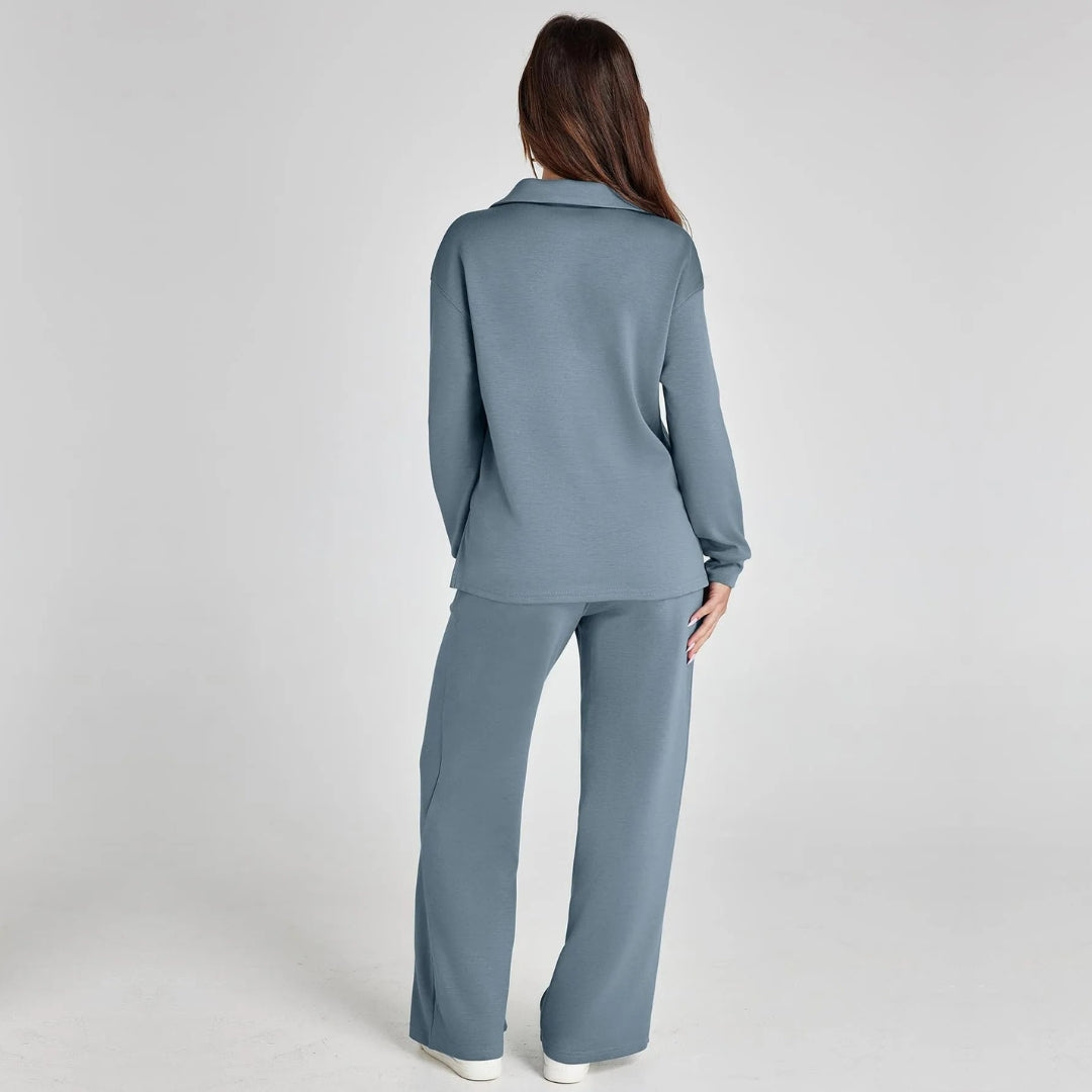 Loungewear-sett til dame med V-hals-genser og vid komfortbukse
