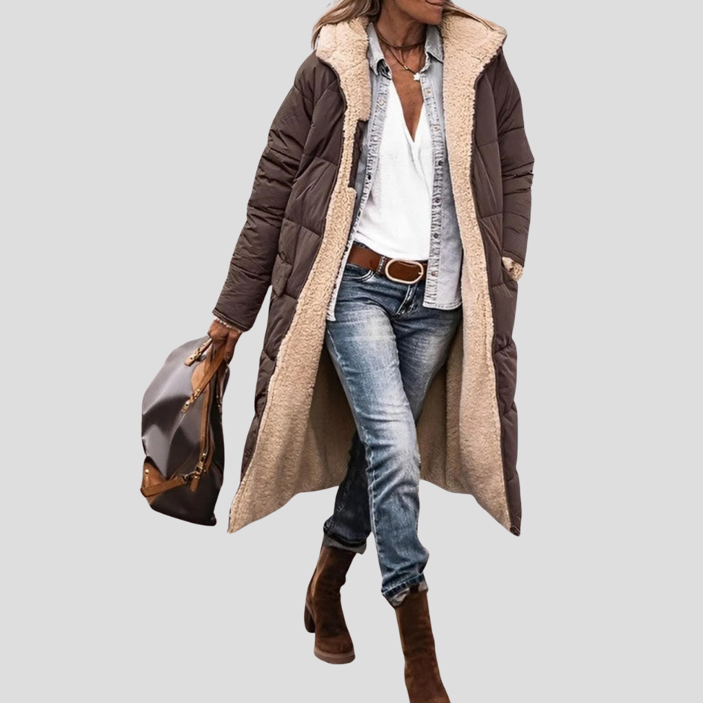 Kvinners Lange Reversible Vinterjakke – Hette med Teddy Fôr