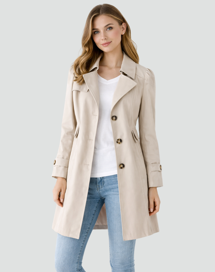 Tilpasset trenchcoat til dame med klassisk jakkeslag, halvlang