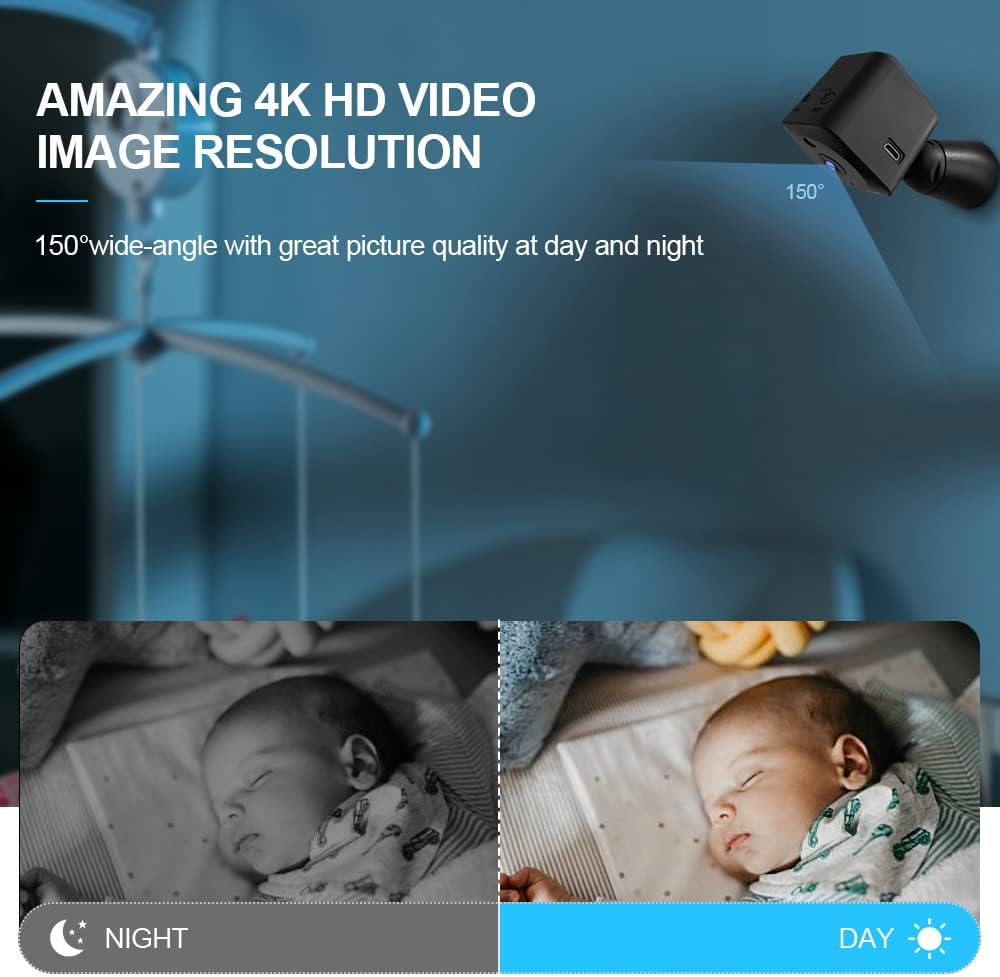 4K-minivalvontakamera Wi-Fillä, piilotettu sisäkamera ja yönäkö