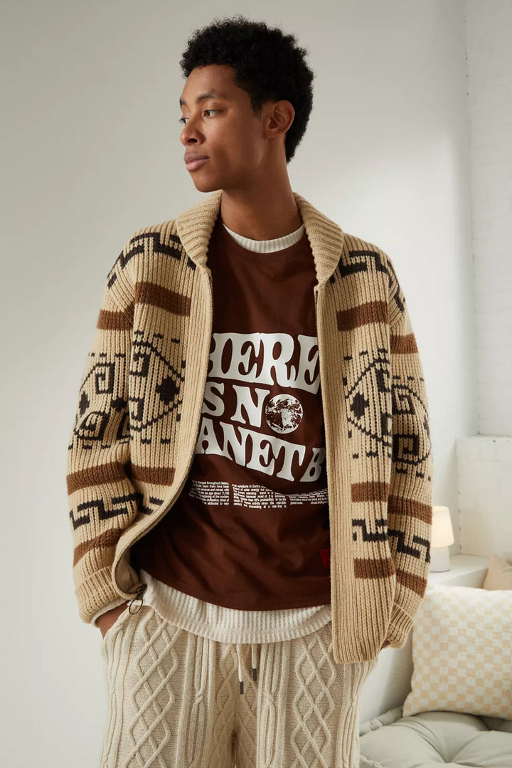 Vintage Jacquard Strikket Herre Cardigan med Glidelås Tidless Stil Møter Moderne Komfort
