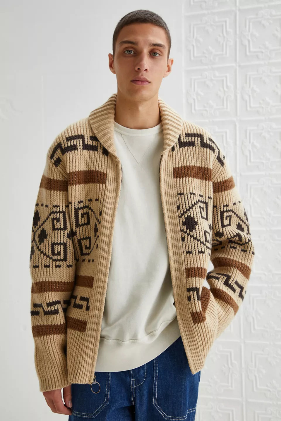 Vintage Jacquard Strikket Herre Cardigan med Glidelås Tidless Stil Møter Moderne Komfort