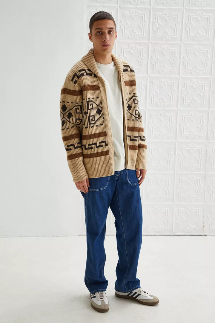 Vintage Jacquard Strikket Herre Cardigan med Glidelås Tidless Stil Møter Moderne Komfort