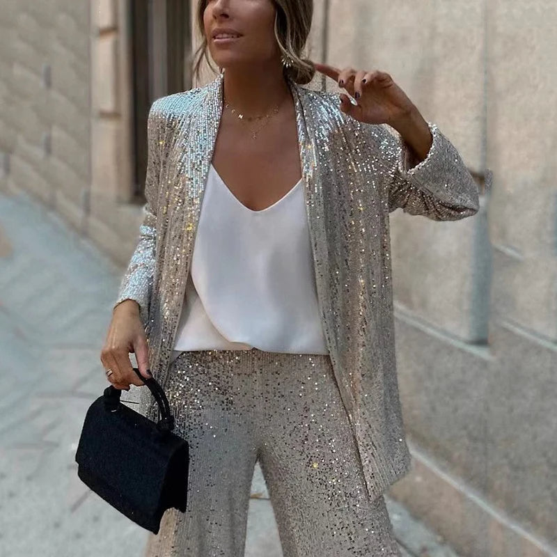 To-Delt Sequin Set med Høy Livbukse