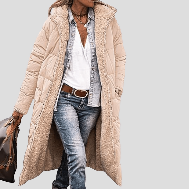Kvinners Lange Reversible Vinterjakke – Hette med Teddy Fôr