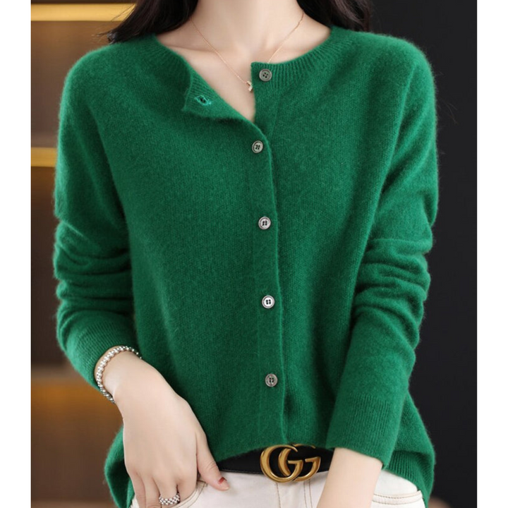 Cardigan til dame i merinould og kashmir – elegant strikket vinterjakke med rund hals