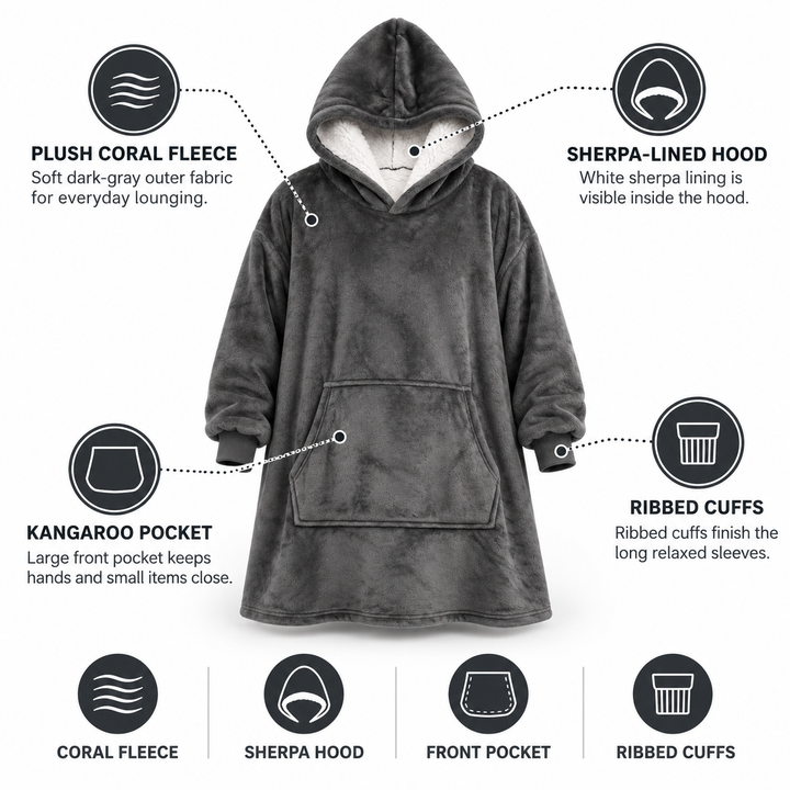 Ultramyk oversized sherpa-hettegenser-teppe (med lomme)