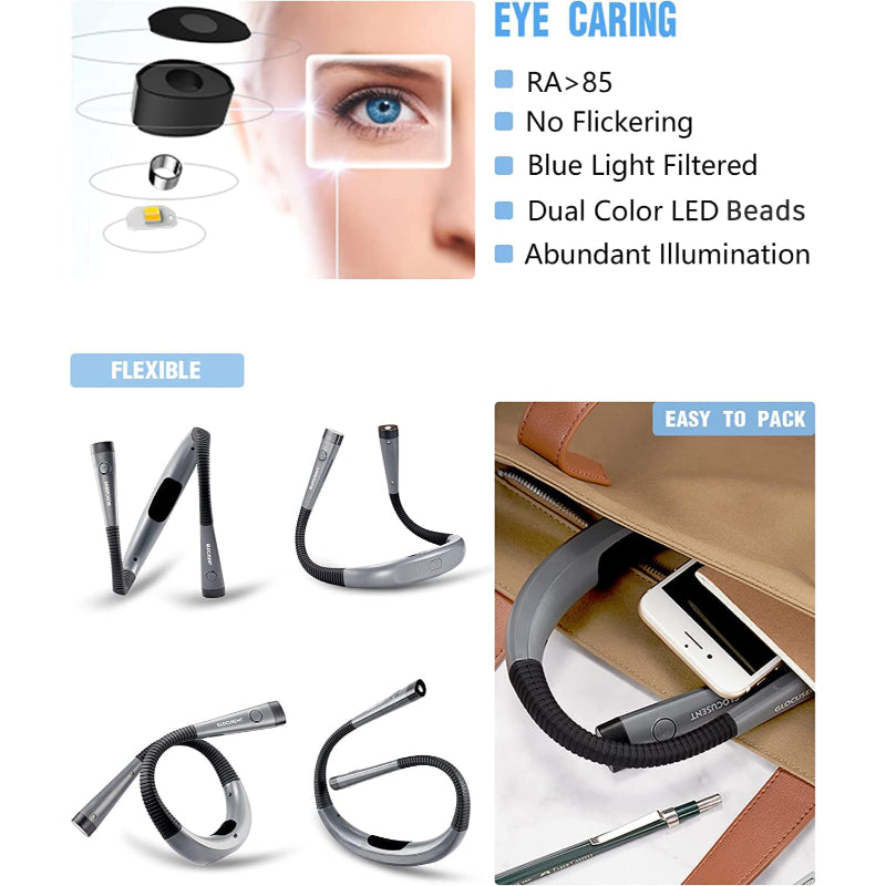 LED-Nakkelampe for Lesing, Sengelys, 3 Farger, 6 Lysstyrkenivåer, Fleksibel Arm, Oppladbar, Holdbar, Perfekt for Lesing, Strikking, Camping, Reparasjon