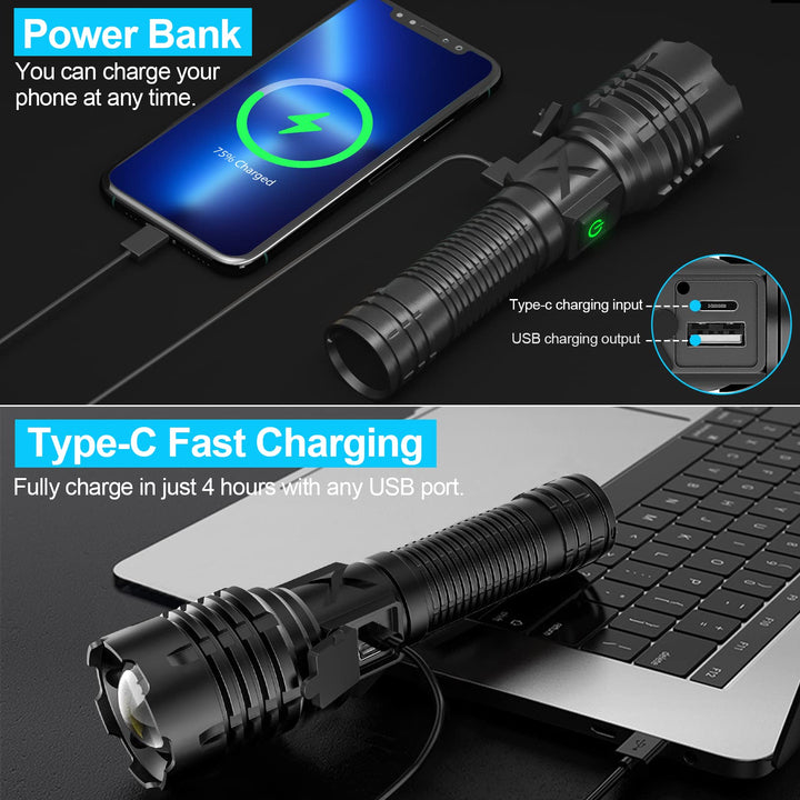 Banral 100000 lumen oppladbar lommelykt, IPX6 vanntett, 5 moduser, zoombar, aluminium