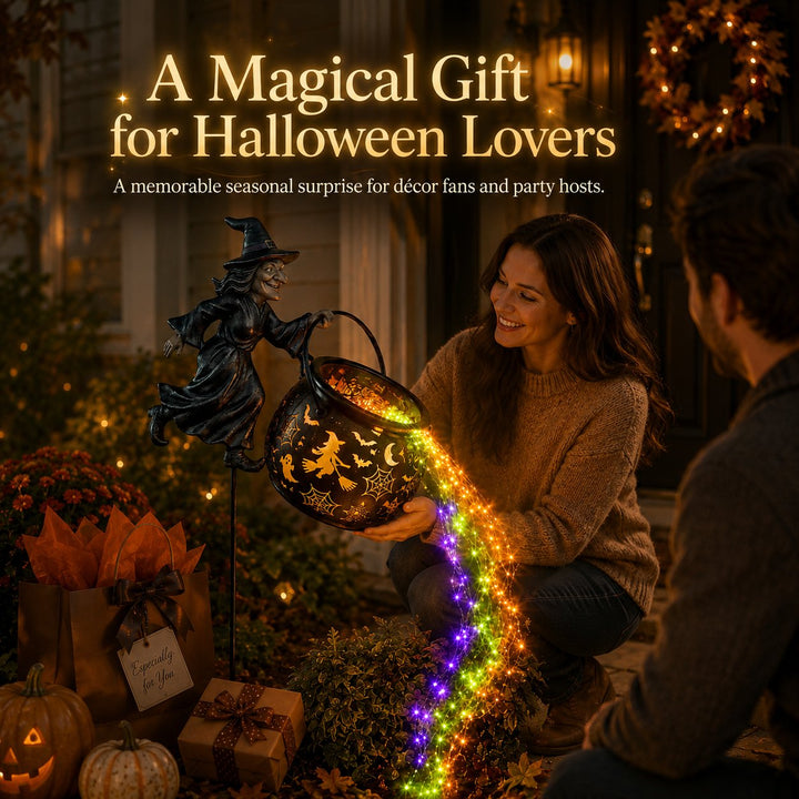 Halloween heksekjele-hagelampe med fargerikt lys og skumle projeksjoner