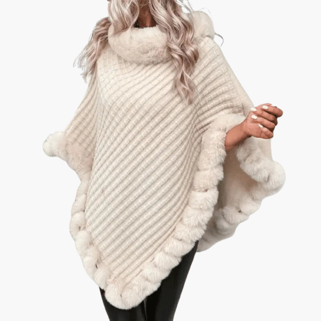 Kvinners Strikket Poncho med Faux Fur Kant og Oversized Passform