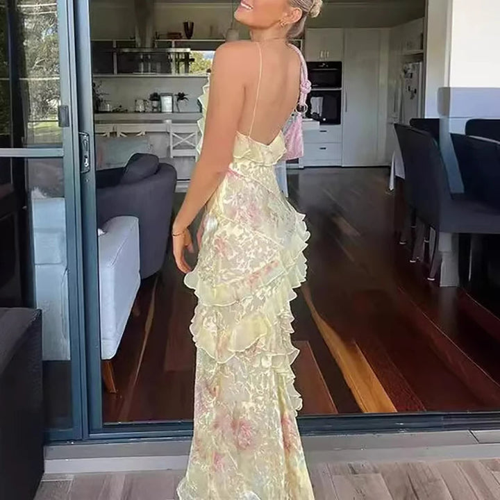 Fargerik Boho Maxi Kjole med Ruffles og V-Hals