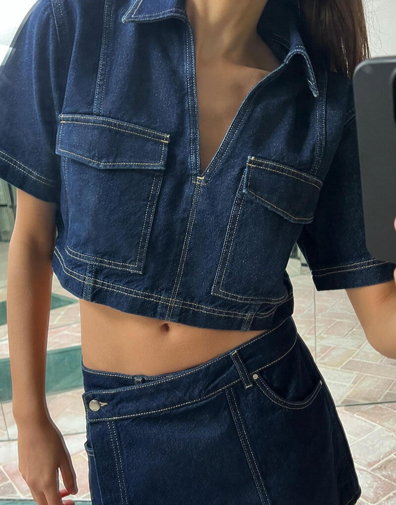 To-Delt Denim Set med Top og Skjørt