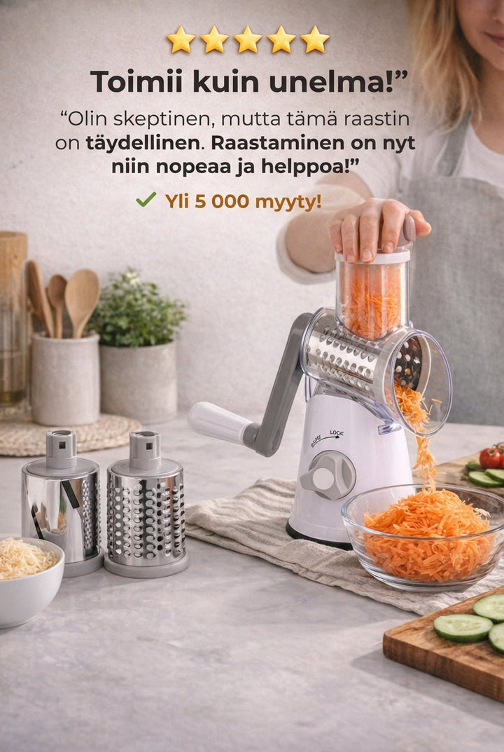 3-i-1 roterende grønnsakskutter med sugefot og utskiftbare trommer