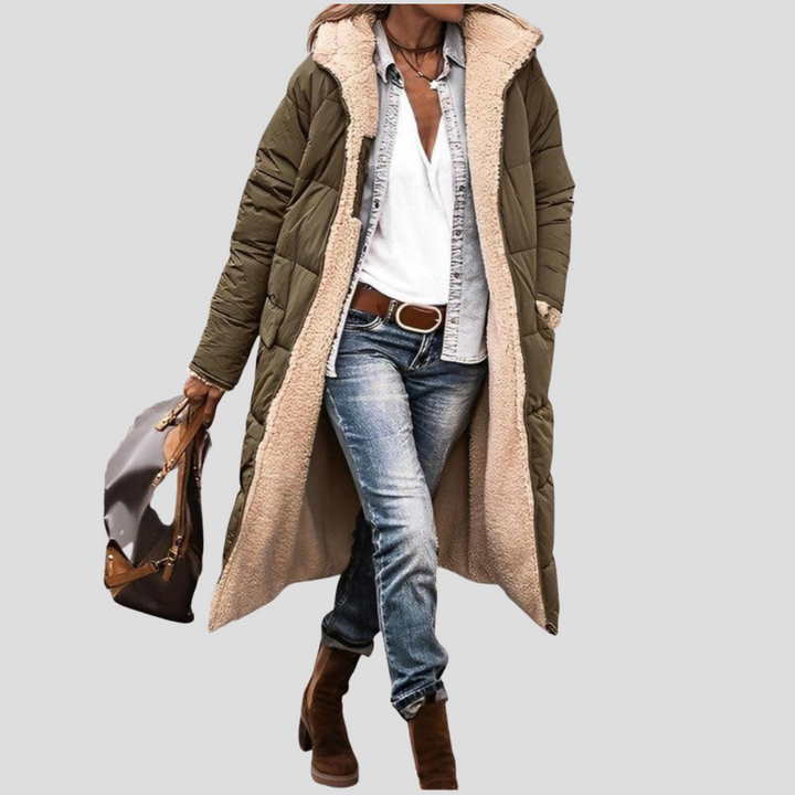 Kvinners Lange Reversible Vinterjakke – Hette med Teddy Fôr