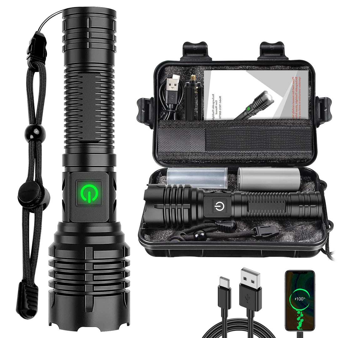 Banral 100000 lumen oppladbar lommelykt, IPX6 vanntett, 5 moduser, zoombar, aluminium