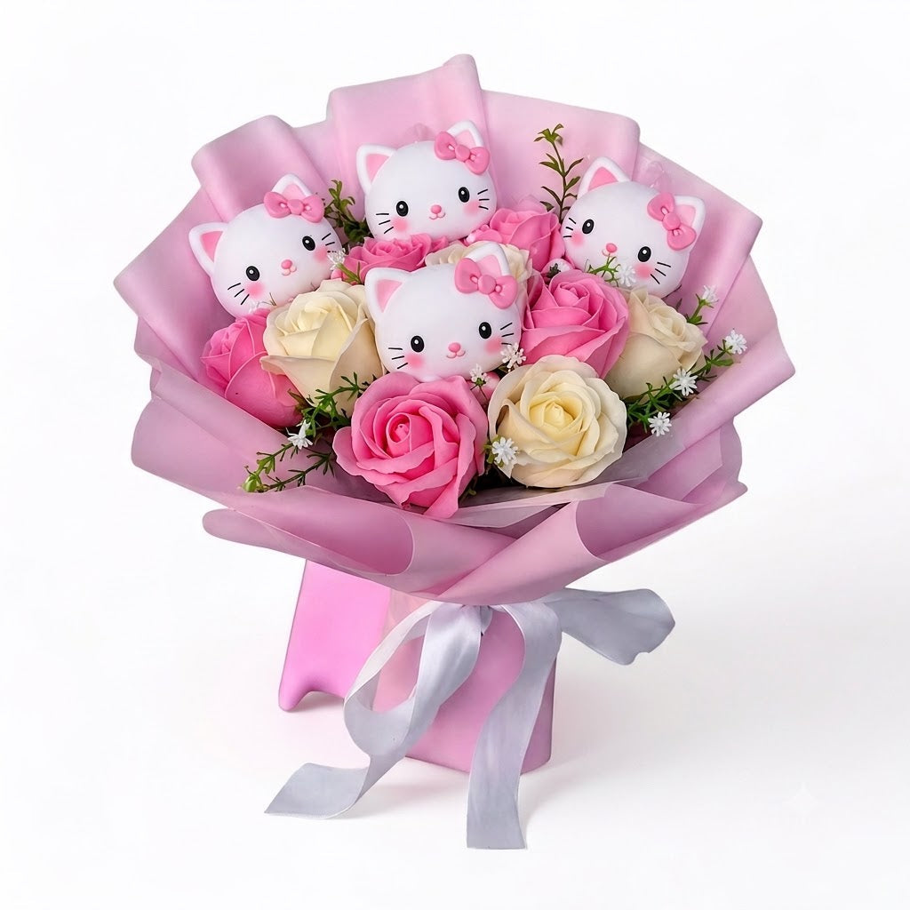Bukett med fargerike kunstige blomster og Kitty-figurer til gave og pynt
