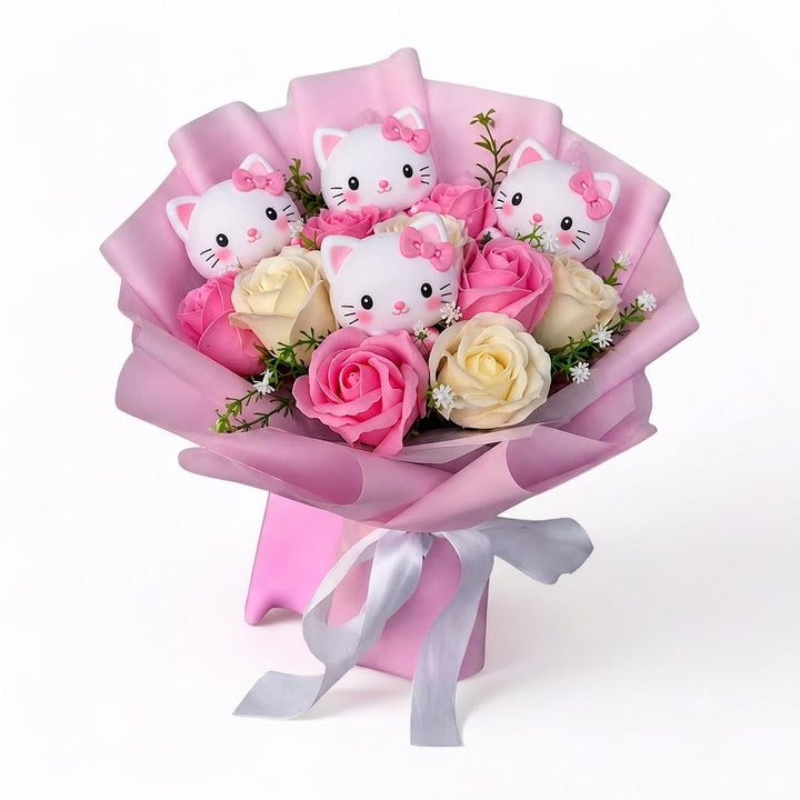 Bukett med fargerike kunstige blomster og Kitty-figurer til gave og pynt