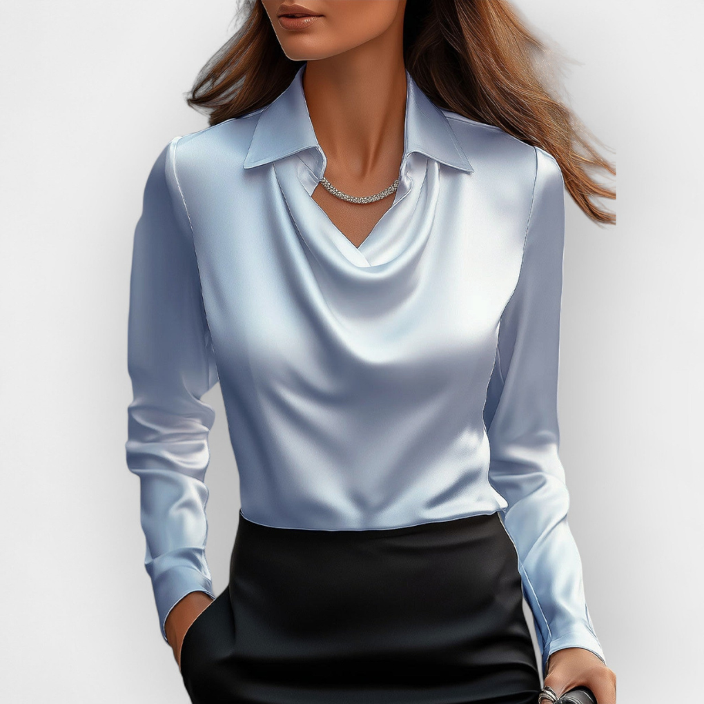 Elegant Satin Bluse med Vannfall-krage