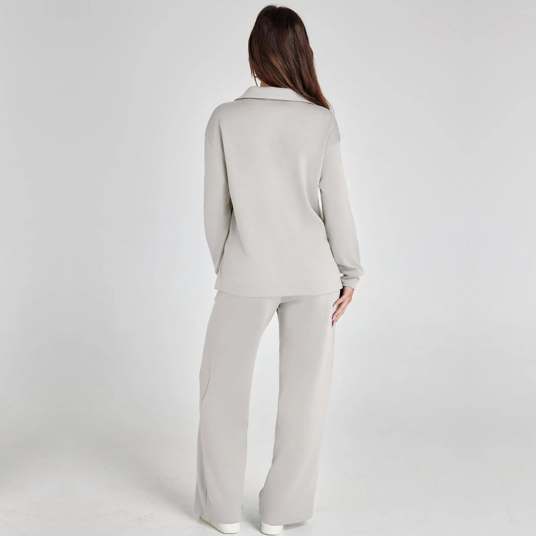 Loungewear-sett til dame med V-hals-genser og vid komfortbukse