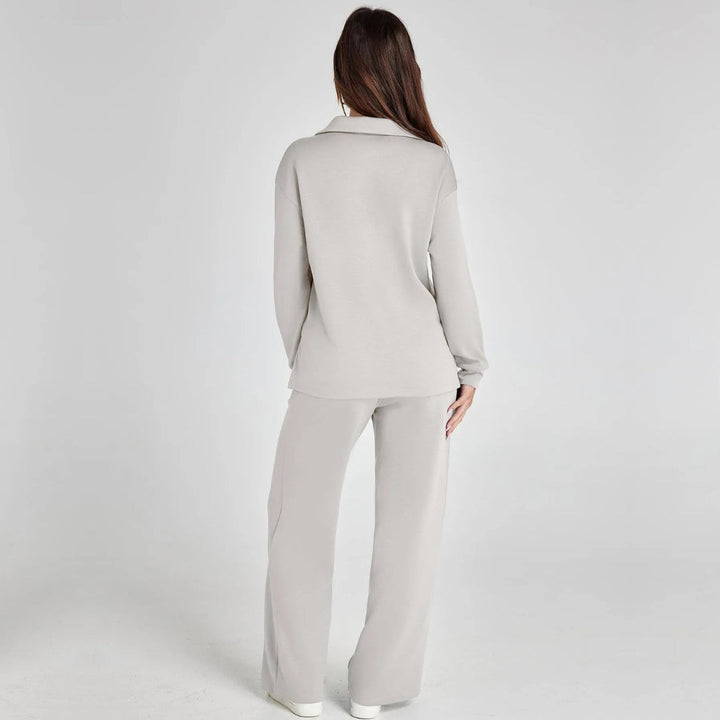 Loungewear-sett til dame med V-hals-genser og vid komfortbukse