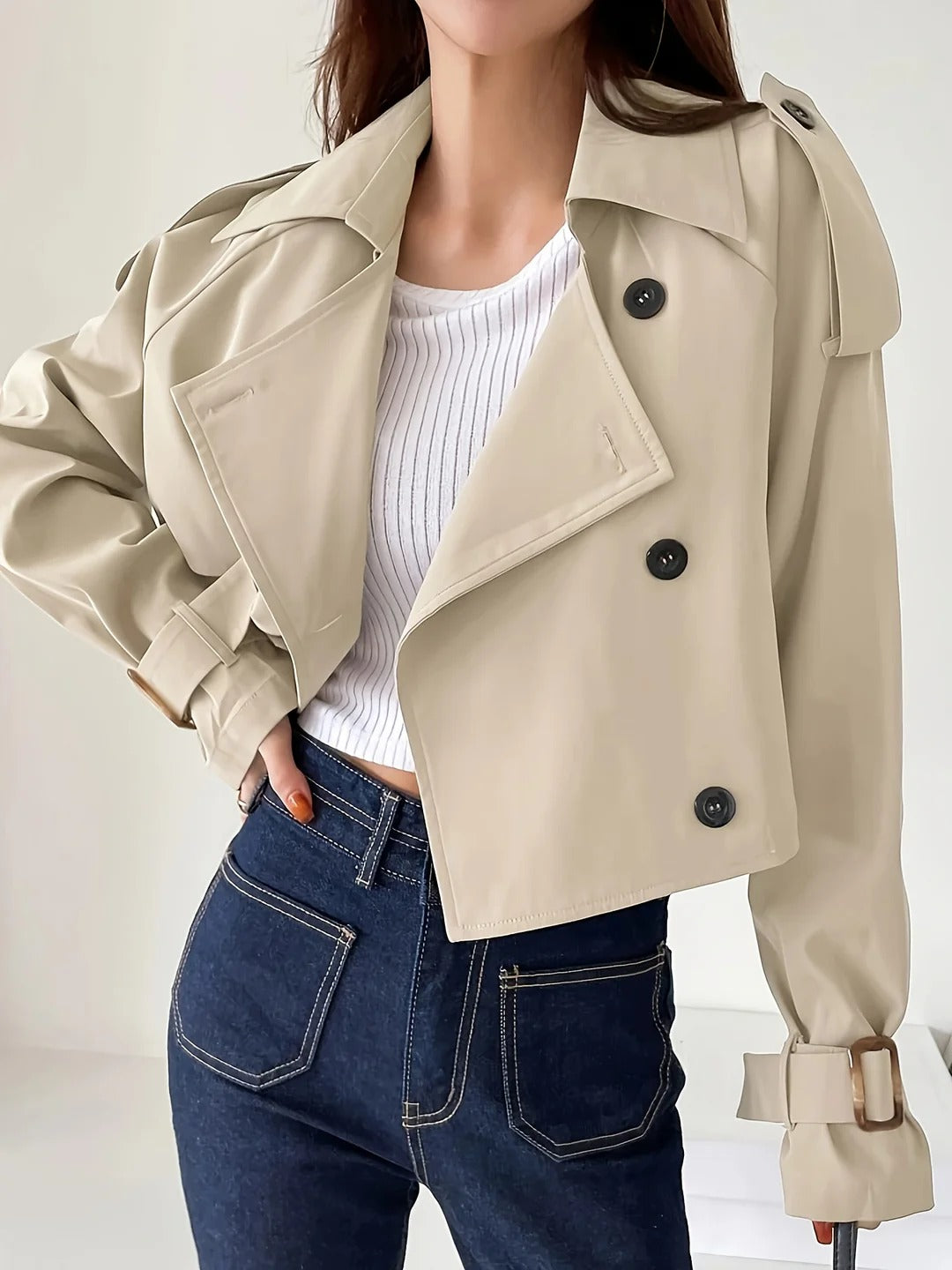 Chic Casual Kort Trench Coat Enkelt Stil for Hverdagslag