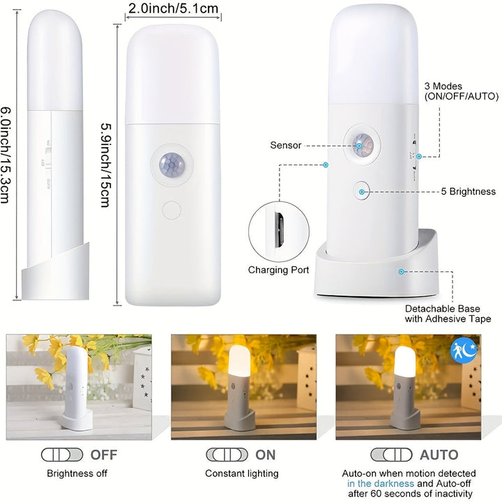 LED Nattlampe med Bevegelsessensor – Oppladbar via USB og Justerbar Lysstyrke for Soverom og Korridorer