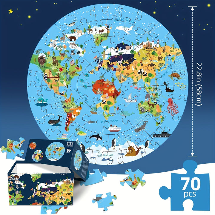 70-Delers Gulvpuslespill – Rundt Verdenskart-Design for Barn