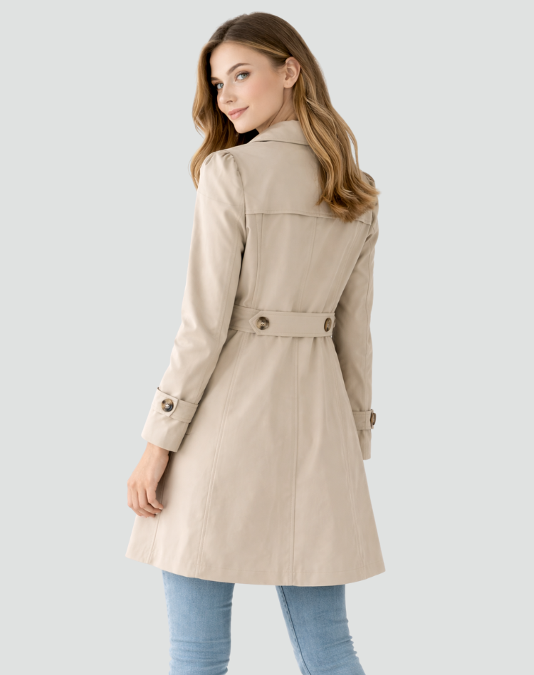 Tilpasset trenchcoat til dame med klassisk jakkeslag, halvlang
