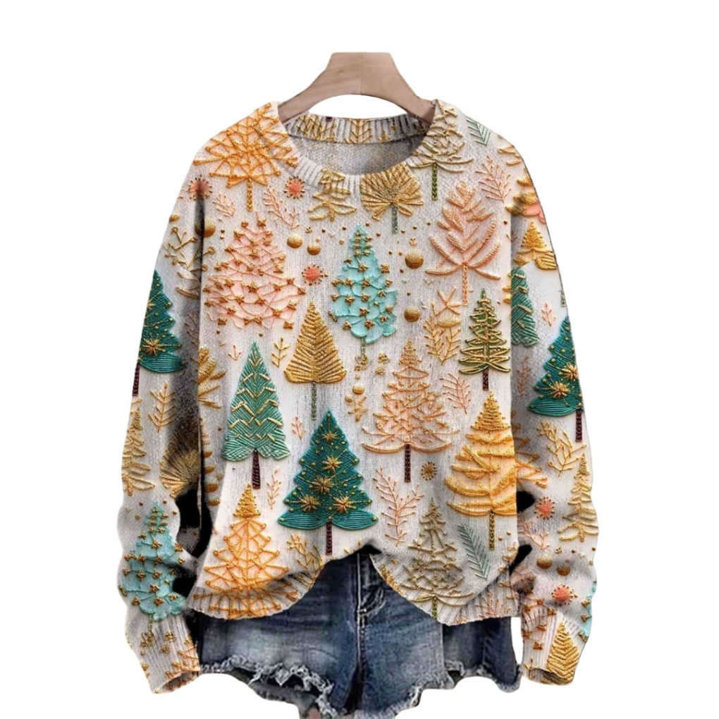 Kvinners Strikkegenser med Tre Motiv og Rund Hals