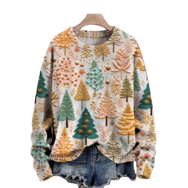 Kvinners Strikkegenser med Tre Motiv og Rund Hals