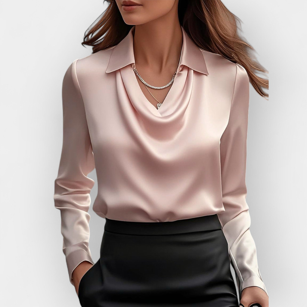 Elegant Satin Bluse med Vannfall-krage