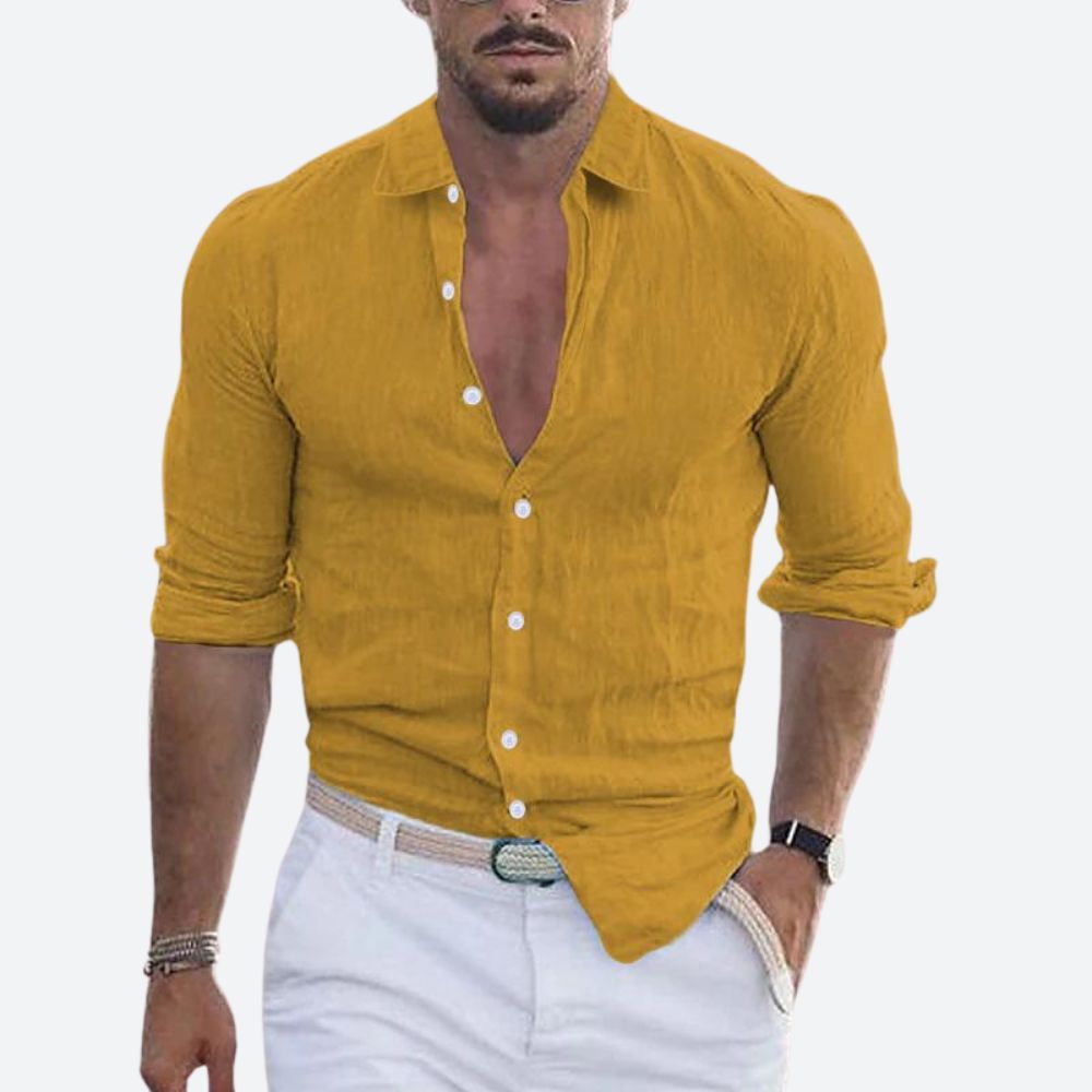 Slim fit-linskjorte til herre, åpen krage, sommerlig skjorte med knappestolpe