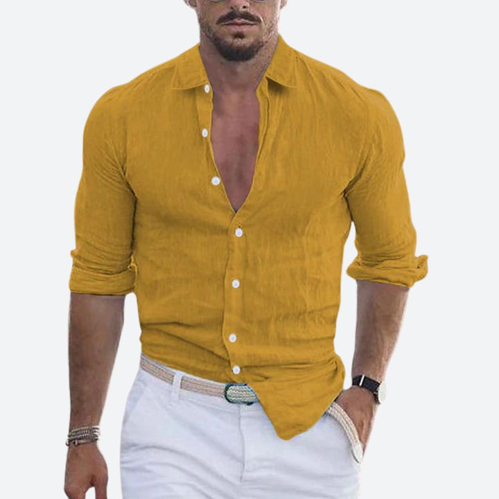 Slim fit-linskjorte til herre, åpen krage, sommerlig skjorte med knappestolpe