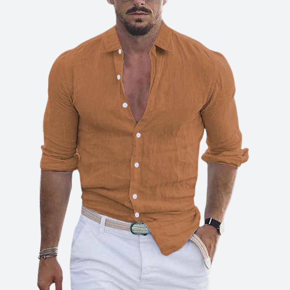 Slim fit-linskjorte til herre, åpen krage, sommerlig skjorte med knappestolpe