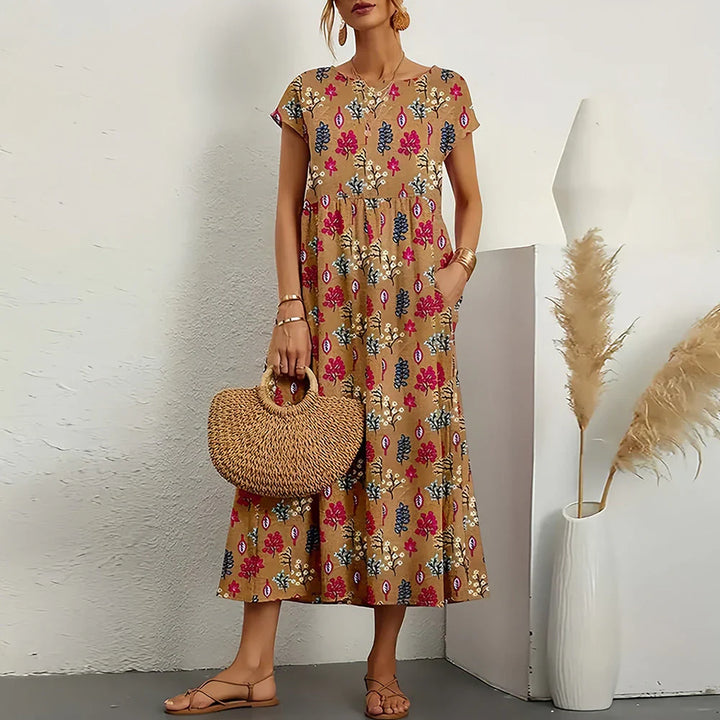 Kvinnens Bomull-Lin Blanding Casual Midi Kjole