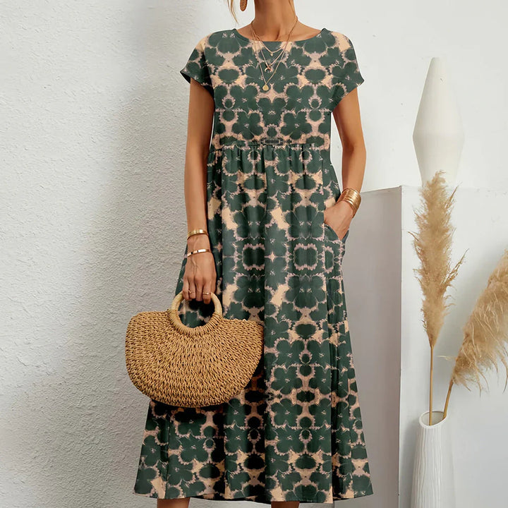 Kvinnens Bomull-Lin Blanding Casual Midi Kjole