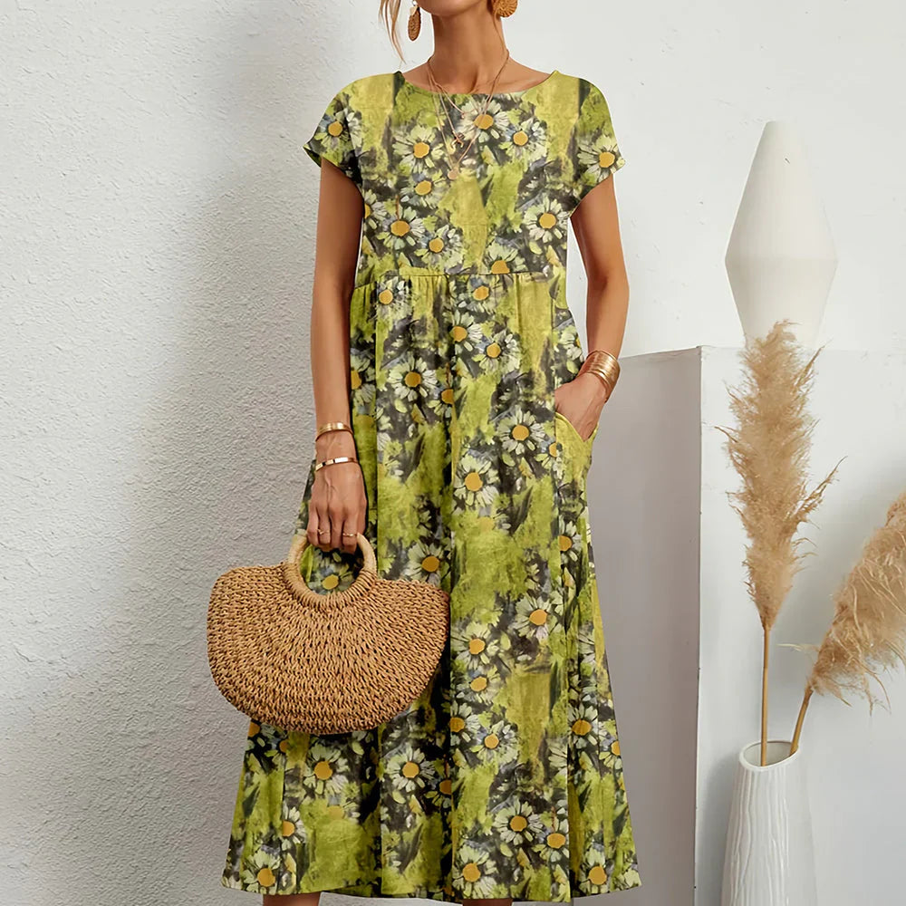 Kvinnens Bomull-Lin Blanding Casual Midi Kjole