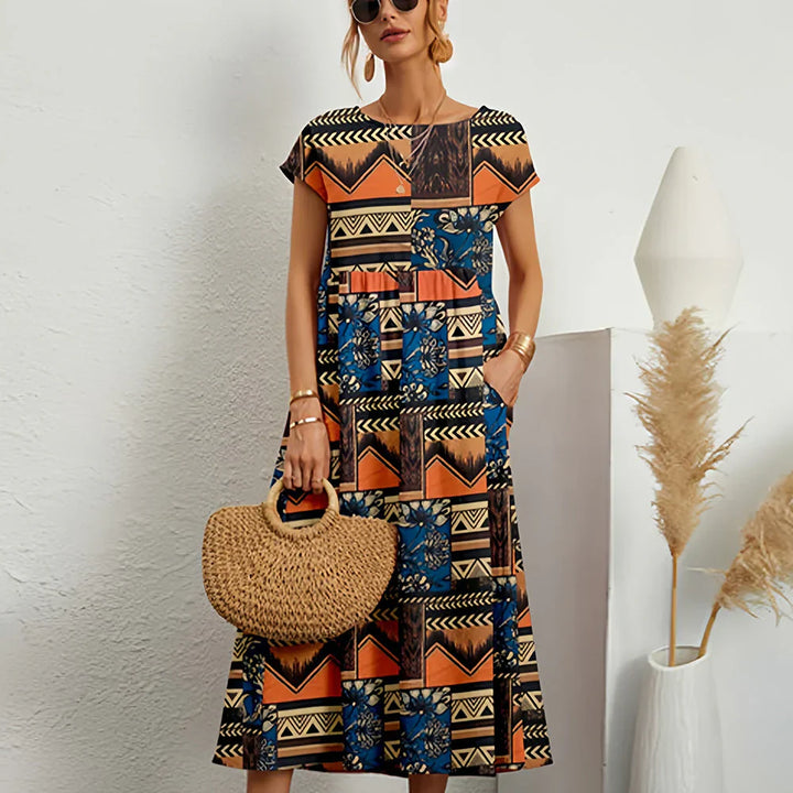 Kvinnens Bomull-Lin Blanding Casual Midi Kjole