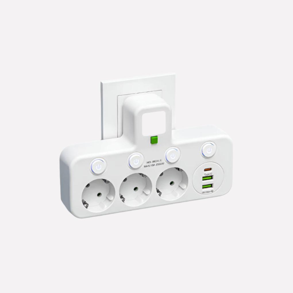 Strømfordeler med USB- og Type‑C-porter